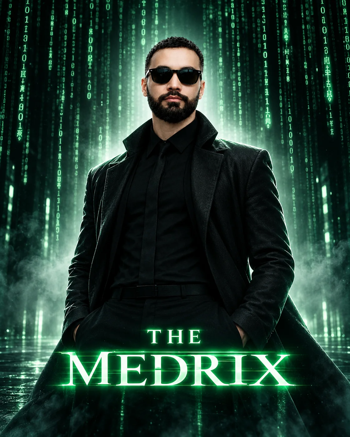 The Medrix studio founder in a black suit against a green digital-rain Matrix-inspired backdrop